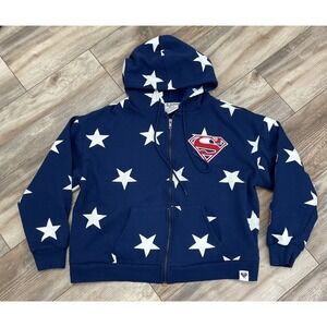 blue, white, and‎ red full-zip Superman hoodie with stars and the number 1938